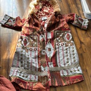 Zara Multicolor Patterned Coat with Fur Hood